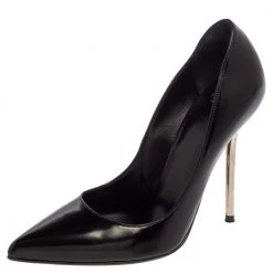 Versace Black Leather Pointed Toe Pumps Size 35.5 For Women
