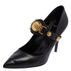 Versace Black Leather Medusa Embellished Mary Jane Pumps Size 40 For Women