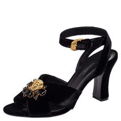 Versace Black Velvet Medusa Embellished Criss Criss Ankle Strap Sandals Size 39.5 For Women