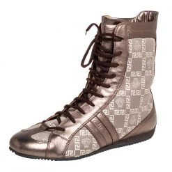 Versace Metallic Bronze Leather And Monogram Fabric High Top Sneakers Size 39 For Women