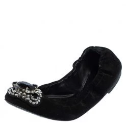 Versace Black Suede Embellished Scrunch Ballet Flats Size 36 For Women