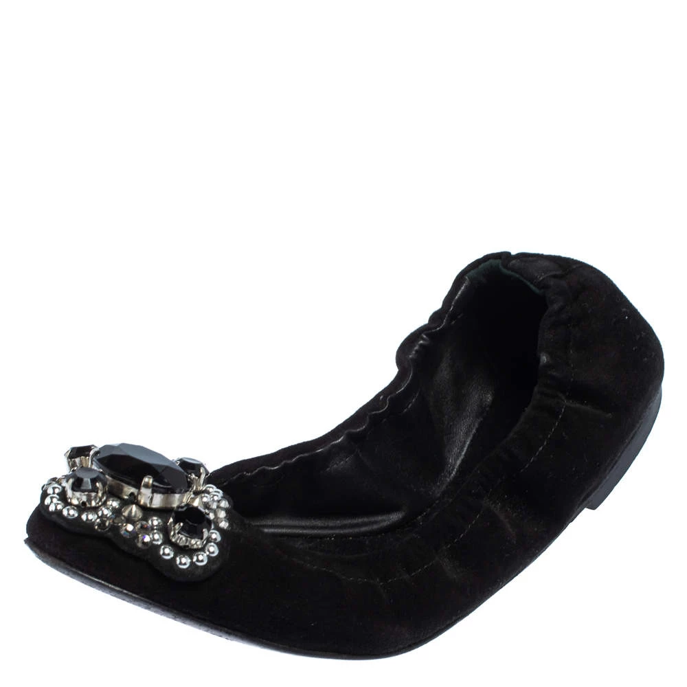 Versace Black Suede Embellished Scrunch Ballet Flats Size 36 For Women
