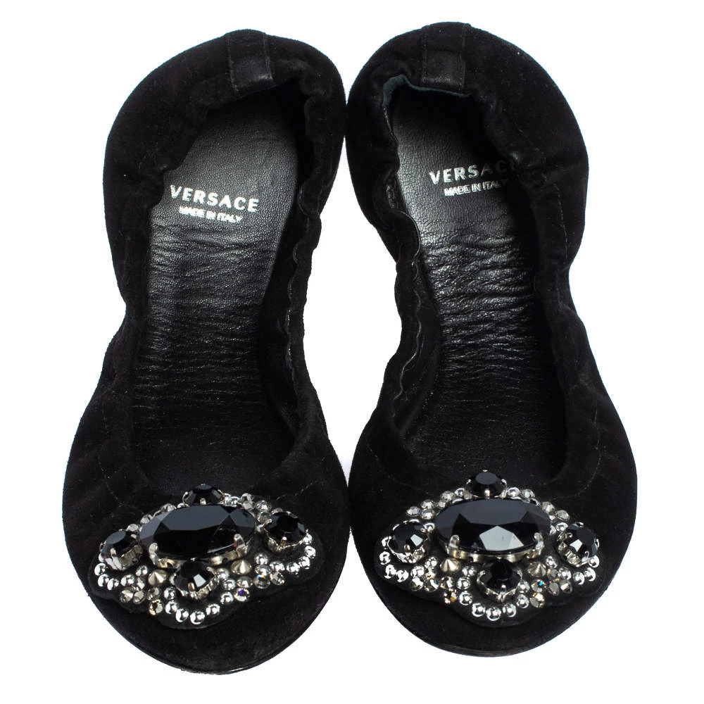 Versace Black Suede Embellished Scrunch Ballet Flats Size 36 For Women - Image 3