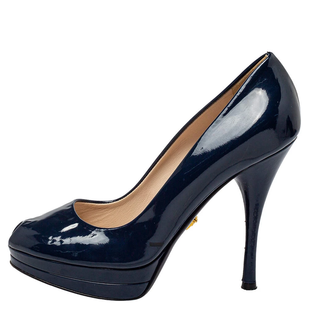 Versace Blue Patent Leather Peep Toe Platform Pumps Size 37 For Women - Image 2