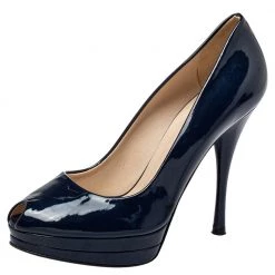 Versace Blue Patent Leather Peep Toe Platform Pumps Size 37 For Women