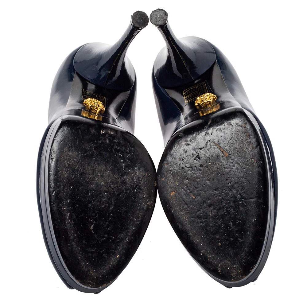 Versace Blue Patent Leather Peep Toe Platform Pumps Size 37 For Women - Image 6