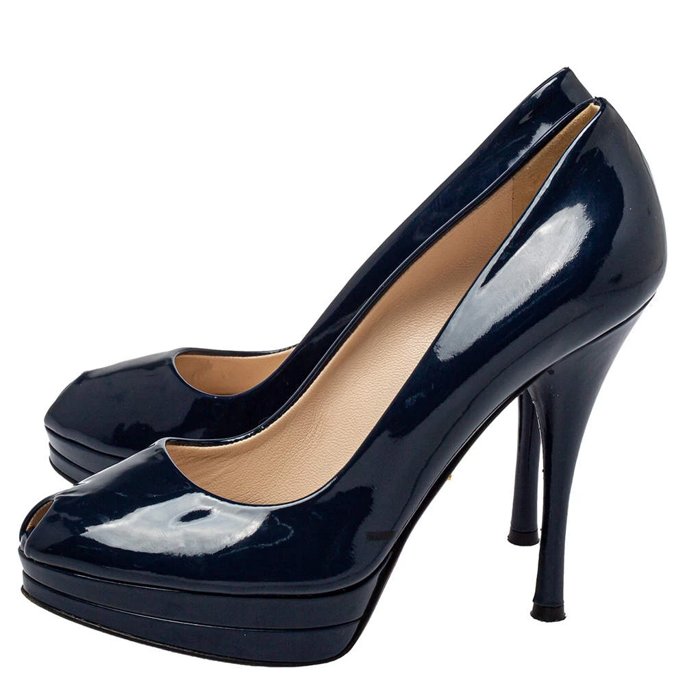 Versace Blue Patent Leather Peep Toe Platform Pumps Size 37 For Women - Image 4