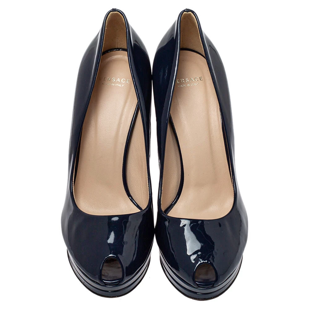 Versace Blue Patent Leather Peep Toe Platform Pumps Size 37 For Women - Image 3