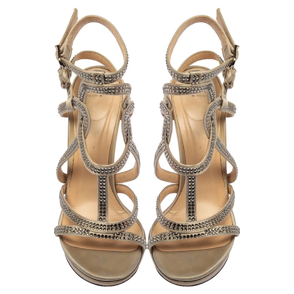 Versace Grey Satin Crystal Embellished Ankle Strap Sandals Size 37 For Women - Image 3