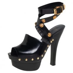 Versace Black Leather Medusa Embellished Ankle Wrap Platform Sandals Size 37 For Women