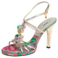 Versace Metallic Gold Leather Flower Detail T-Strap Sandals Size 38.5 For Women