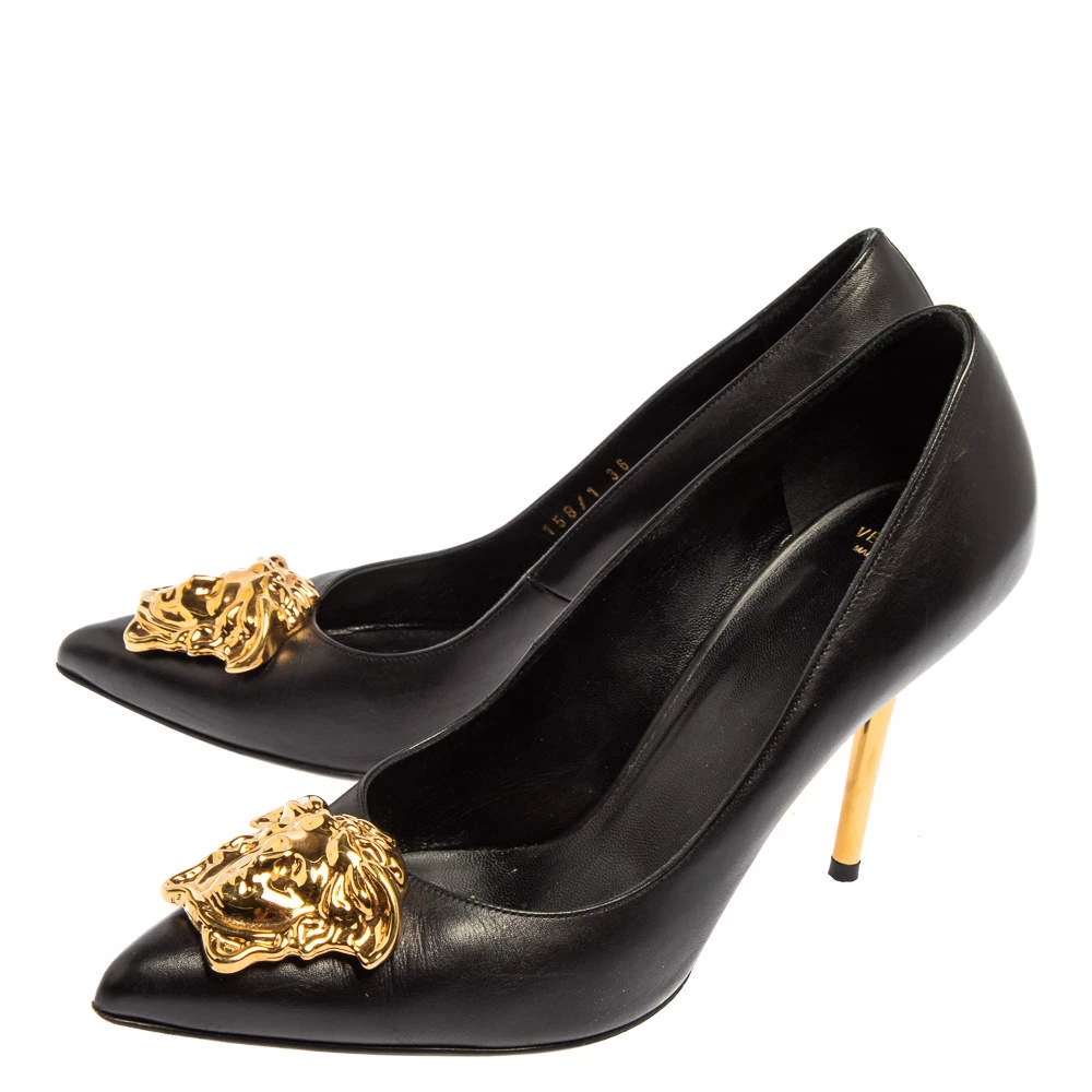 Versace Black Leather Medusa Embellished Pointed Toe Pumps Size 36 For Women - Image 4