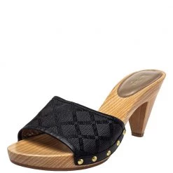 Versace Black Canvas And Leather Mule Sandals Size 39 For Women