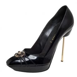 Versace Black Patent Leather Medusa Logo Pointed Toe Pumps Size 41 For Women
