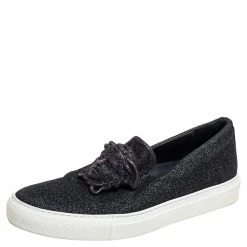 Versace Black Glitter Medusa Slip On Sneakers Size 38 For Women