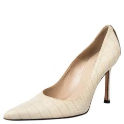 Versace Beige Croc Embossed Leather Pointed Toe Pumps Size 36 For Women