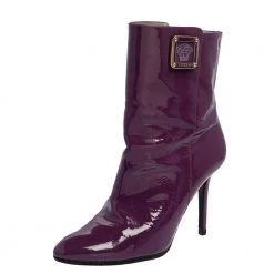 Versace Purple Patent Leather Medusa Ankle Boots Size 38.5 For Women