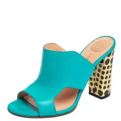 Versace Turquoise Leather Open Toe Mule Sandals Size 38 For Women