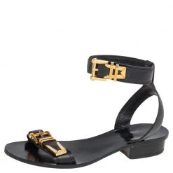 Versace Black Leather Buckle Ankle Strap Sandals Size 38 For Women