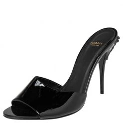 Versace Black Patent Leather Medusa Heel Slide Sandals Size 40 For Women