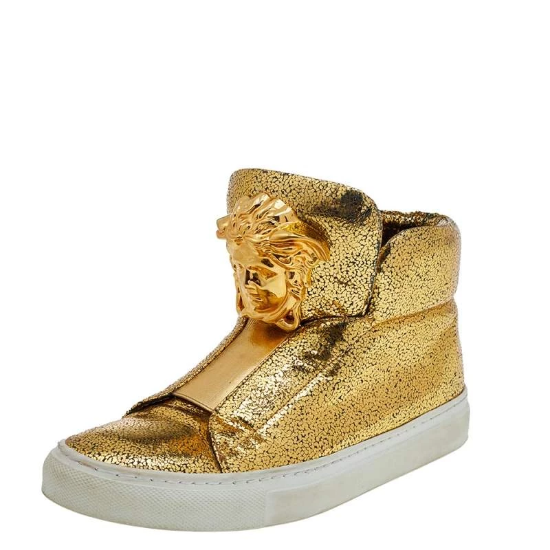 Versace Metallic Gold Crackle Leather Medusa High Top Sneakers Size 35.5 For Women