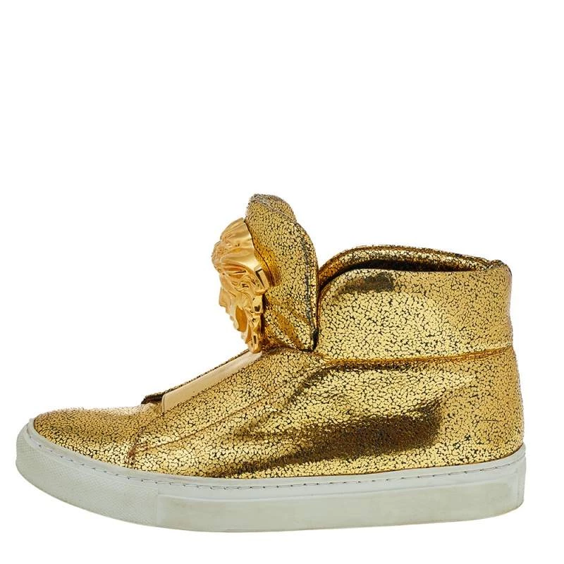 Versace Metallic Gold Crackle Leather Medusa High Top Sneakers Size 35.5 For Women - Image 2