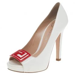 Versace White Patent Leather Embellished Peep Toe Pumps Size 37 For Women