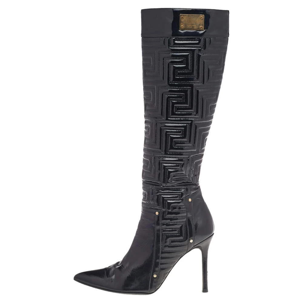 Versace Black Patent Quilted Leather Pointed Toe Knee Length Boots Size 39 For Women - Image 2