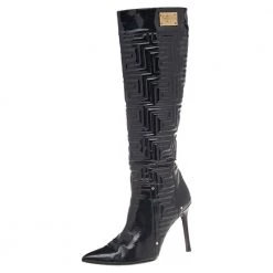 Versace Black Patent Quilted Leather Pointed Toe Knee Length Boots Size 39 For Women