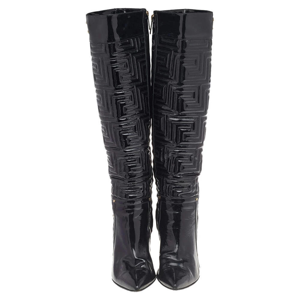 Versace Black Patent Quilted Leather Pointed Toe Knee Length Boots Size 39 For Women - Image 3