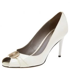 Versace White Patent Leather Medusa Peep Toe Pumps Size 39 For Women