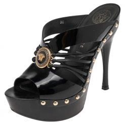 Versace Black Patent Leather And Wooden Platform Medusa Sandals Size 36 For Women