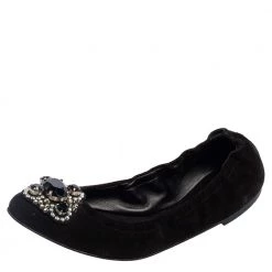 Versace Black Suede Embellished Scrunch Ballet Flats Size 39 For Women