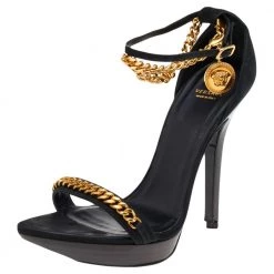 Versace Black Suede Medusa Chain Ankle Strap Sandals Size 38 For Women