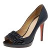 Versace Navy Blue/Black Raffia And Patent Leather Peep Toe Pumps Size 38 For Women
