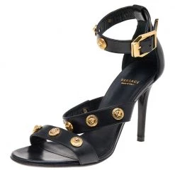 Versace Black Leather Medusa Ankle Strap Sandals Size 36 For Women