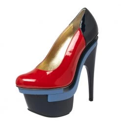 Versace Red/Navy Blue Patent Leather Triple Platform Sky High Pumps Size 37 For Women