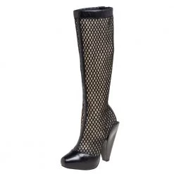 Versace Black Leather And Mesh Pointed Toe Knee Length Boots Size 36 For Women