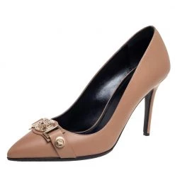 Versace Brown Leather Medusa Detail Buckle Strap Pointed-Toe Pumps Size 39 For Women