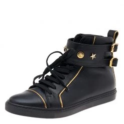 Versace Black Leather Buckle Medusa High Top Sneakers Size 37 For Women