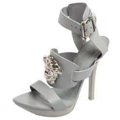 Versace Grey Leather Idol Medusa Ankle-Strap Sandals Size 36 For Women