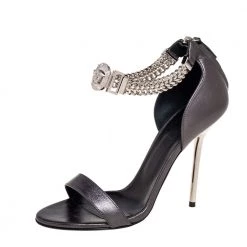 Versace Metallic Grey Leather Medusa Chain Ankle Strap Sandals Size 38 For Women