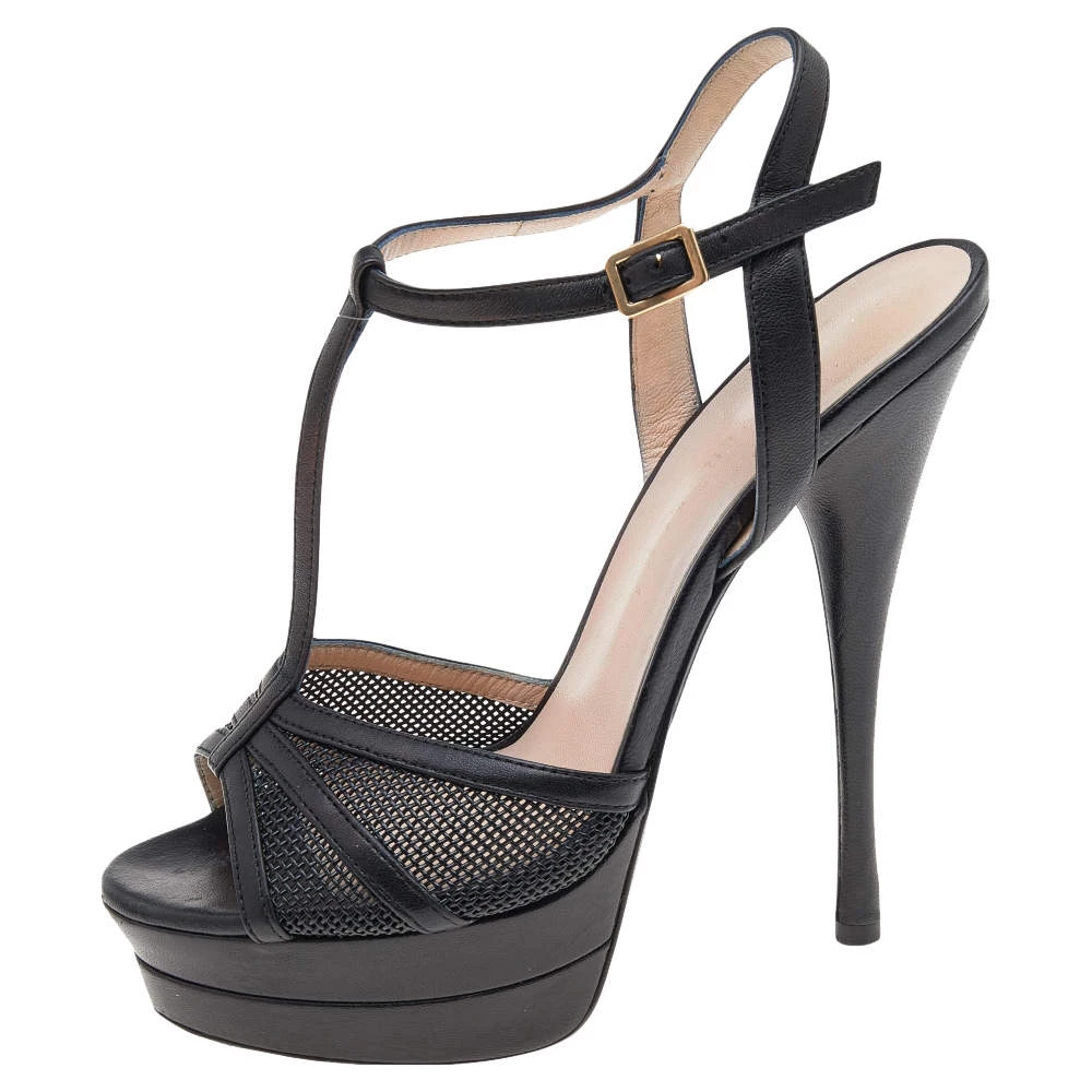 Versace Black Leather T-Strap Platform Sandals Size 37 For Women - Image 2