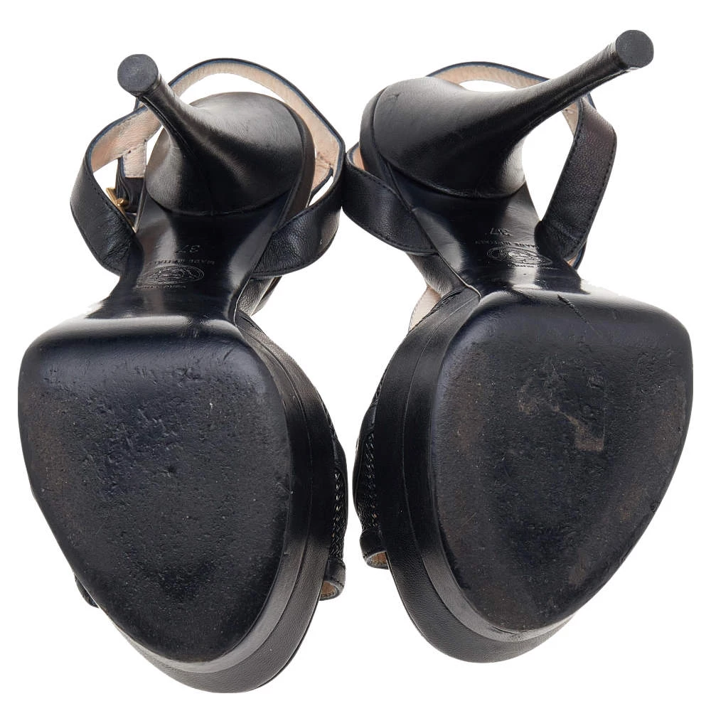 Versace Black Leather T-Strap Platform Sandals Size 37 For Women - Image 6