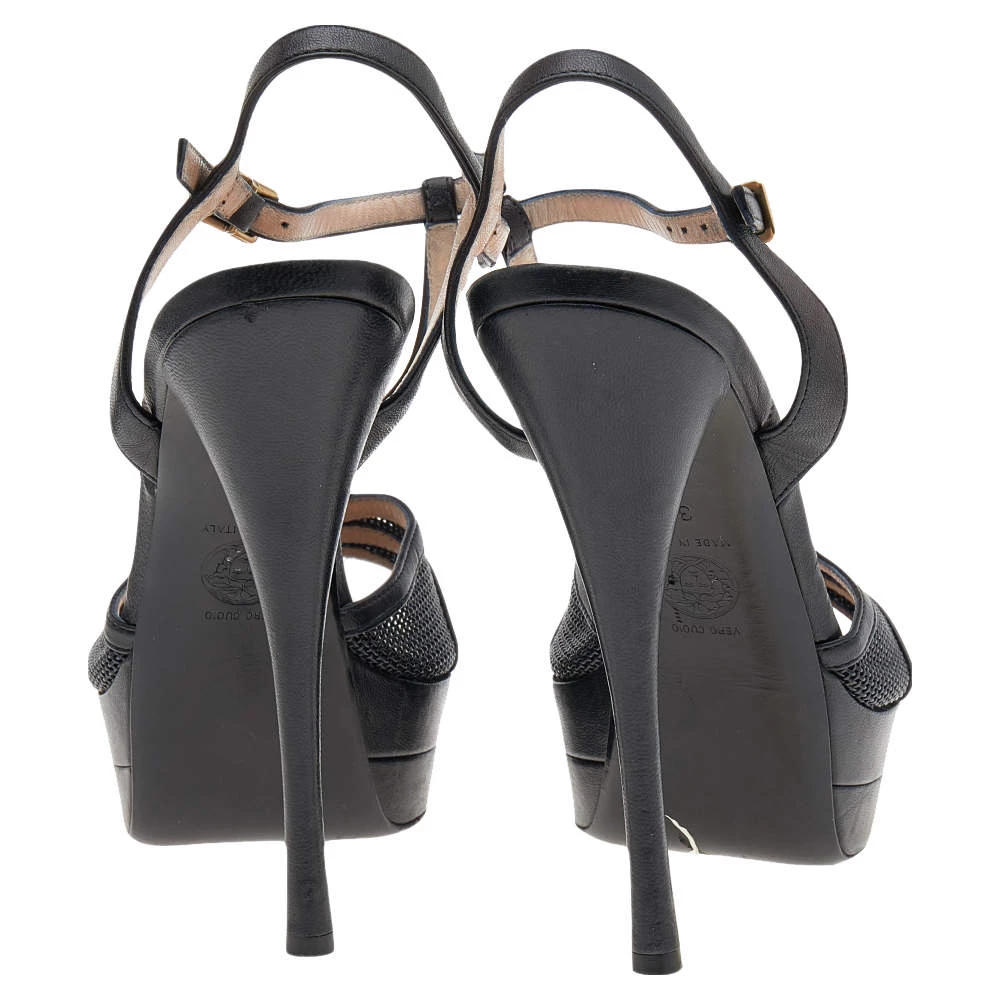 Versace Black Leather T-Strap Platform Sandals Size 37 For Women - Image 5