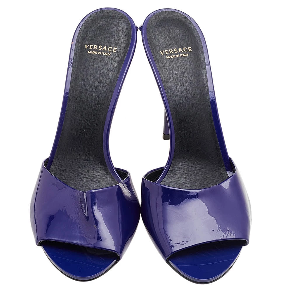 Versace Blue Patent Leather Medusa Heels Mule Sandals Size 40 For Women - Image 3