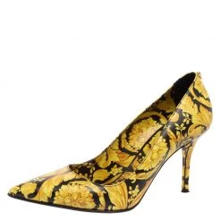 Versace Yellow/Black Barocco Print Leather Pointed-Toe Pumps Size 38 For Women