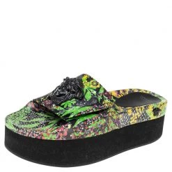 Versace Multicolor Flower Print Patent Leather Medusa Slide Sandals Size 39 For Women