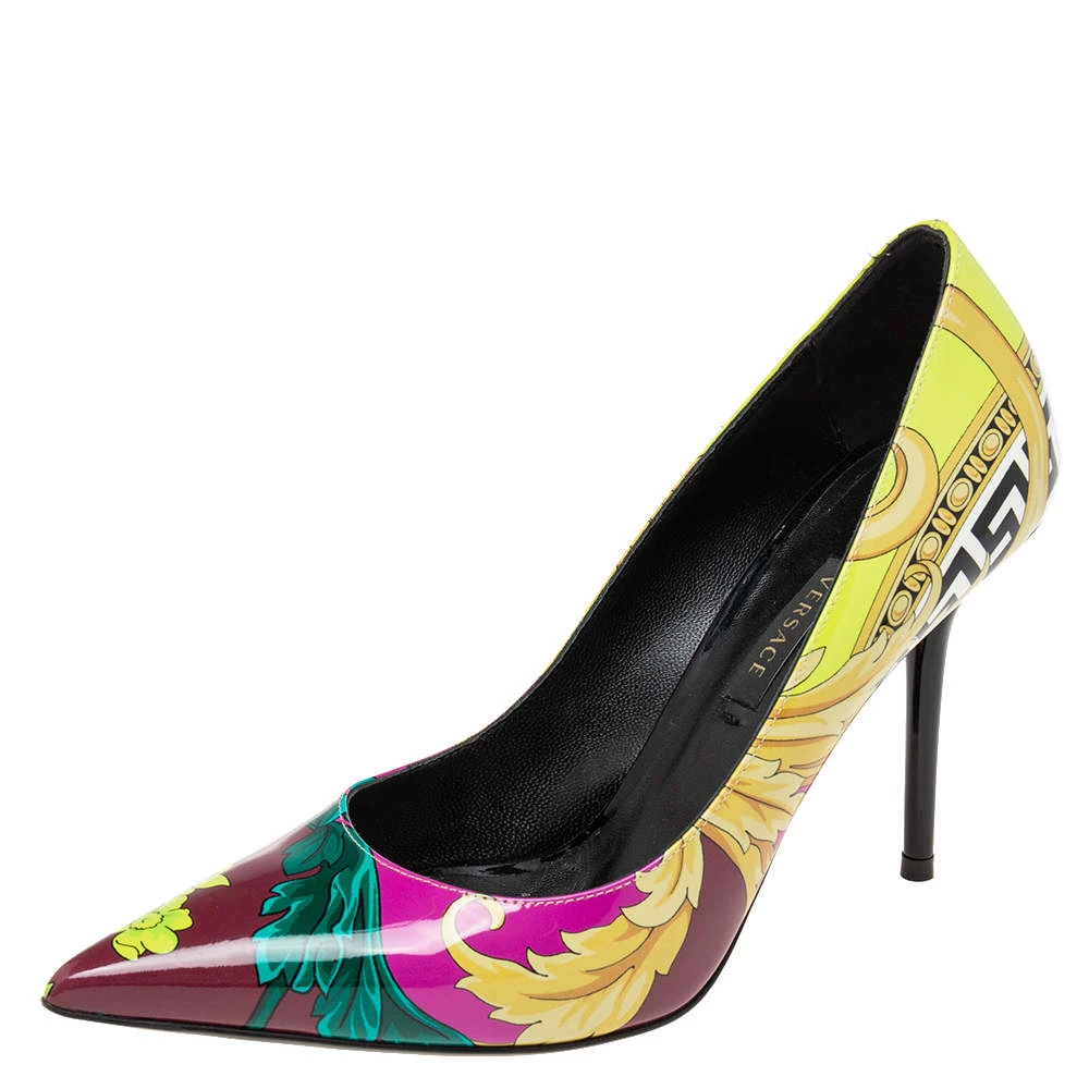 Versace Multicolor Voyage Barocco Print Patent Leather Pumps Size 38 For Women