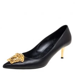 Versace Black Leather Medusa Head Pointed-Toe Pumps Size 38 For Women